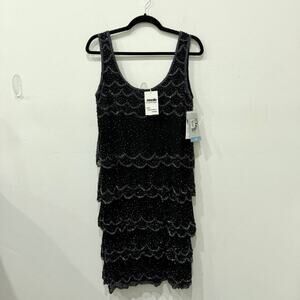 NWT Patra Mesh & Stones Beaded Scalloped Tiered Midi Dress Black Womens Size 12